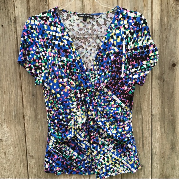 Cable & Gauge Confetti Pixeled Abstract Print Wrap Short Sleeve Blouse Large - Picture 2 of 7